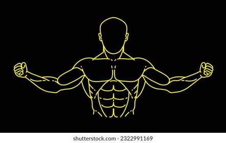 yellow line art illustration of a muscular man showing his strength, this can be used as a logo, graphic element for supplement product packaging, fitness and more