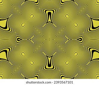 Arte óptico de línea amarilla. Fondo psicodélico. Fondo monocromo. Estilo de ilusión óptica. Fondo negro oscuro. Patrón moderno. Textura gráfica abstracta. Ornamento gráfico