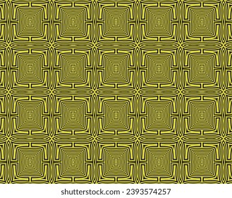 Yellow line art optical art. Psychedelic background. Monochrome background. Optical illusion style. Black dark background. Modern pattern. Abstract graphic texture. Graphic ornament