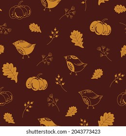 yellow line autumn birds with pumpkin and oak autumn leaves seamless pattern on brown background. Pumpkin line pattern