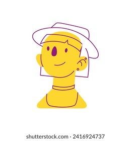 Yellow and line avatar in flat cartoon design. This design seamlessly blends a clean white background with the avatar's colorful and expressive face. Vector illustration.