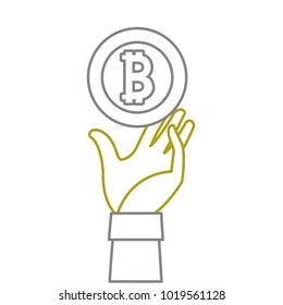 yellow line bitcoin electronic currency with hand up