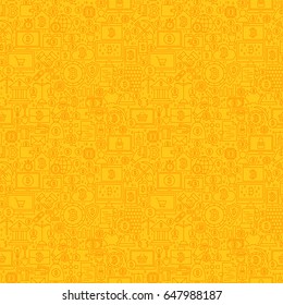 Yellow Line Bitcoin Seamless Pattern. Vector Illustration of Outline Tile Background. Cryptocurrency Financial Items.