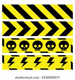 yellow line black skull electrical arrow stripe caution tapes danger warning ribbons. construction sites, banner traffic sign symbol logo design for web mobile isolated white background illustration.