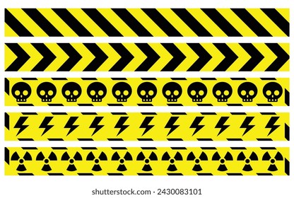 yellow line black skull electrical arrow radioactive stripe caution tapes danger warning ribbons. construction sites, banner traffic sign symbol logo design for web mobile isolated white background