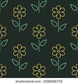 Yellow line flowers with green leaves on black background. Vector seamless pattern. Best for textile, wallpapers, wrapping paper and your design.