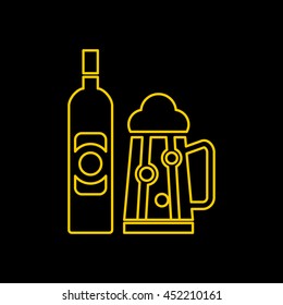 Yellow line icon of Beer Bottle & Glass on black background. EPS-10.