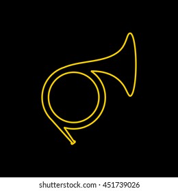 Yellow line icon of French horn on black background. EPS-10.