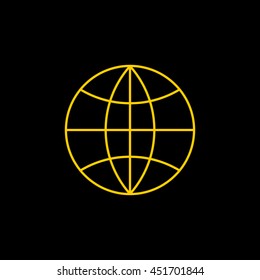 Yellow line icon of Globe on black background. EPS-10.