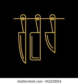 Yellow line icon of Kitchen Knife Set on black background. EPS-10.