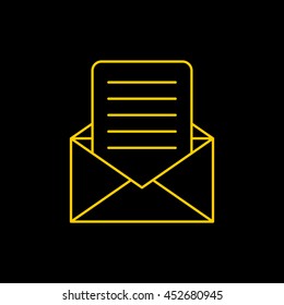 Yellow line icon of  Mail or Envelope on black background. EPS-10.