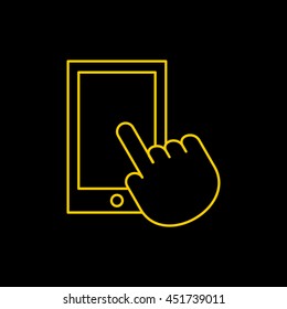 Yellow line icon of Mobile & Hand on black background. EPS-10.