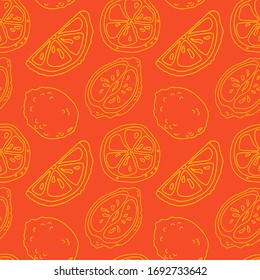 Yellow line lemon pieces on orange backdrop. Citric seamless pattern for wrapping paper, sleeper, bath tile, apparel or bed linen. Phone case or cloth print. Minimal style stock vector illustration