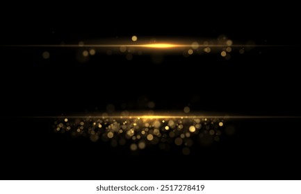 Yellow line light effect. Golden glowing neon lines. The golden glow of dust and glare. Flash of light. gold dust bokeh. Gold confetti shimmers on a dark background.