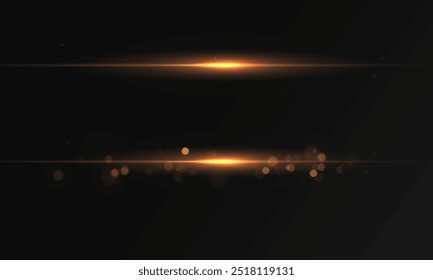 Yellow line light effect. Golden glowing neon lines. The golden glow of dust and glare. Flash of light. gold dust bokeh. Gold confetti shimmers on a dark background.