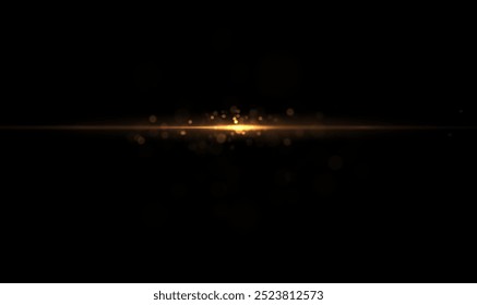 Yellow line light effect. Golden glowing neon lines. The golden glow of dust and glare. Flash of light. gold dust bokeh. Gold confetti shimmers on a dark background.