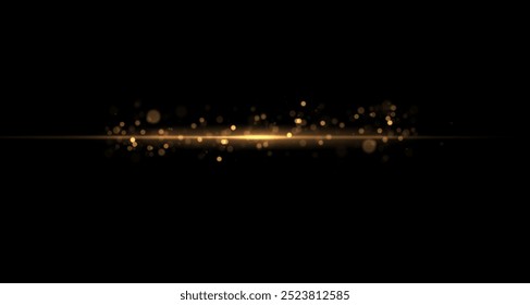 Yellow line light effect. Golden glowing neon lines. The golden glow of dust and glare. Flash of light. gold dust bokeh. Gold confetti shimmers on a dark background.