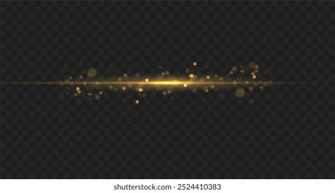 Efecto de luz de línea amarilla. Líneas de neón brillantes doradas. El resplandor dorado del polvo y el resplandor. Destello de luz. polvo de oro bokeh. El confeti dorado brilla sobre un fondo oscuro.