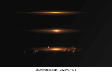 Yellow line light effect. Golden glowing neon lines. The golden glow of dust and glare. Flash of light. gold dust bokeh. Gold confetti shimmers on a dark background.