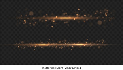 Yellow line light effect. Golden glowing neon lines. The golden glow of dust and glare. Flash of light. gold dust bokeh. Golden confetti shimmers on a dark background.