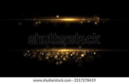 Yellow line light effect. Golden glowing neon lines. The golden glow of dust and glare. Flash of light. gold dust bokeh. Gold confetti shimmers on a dark background.