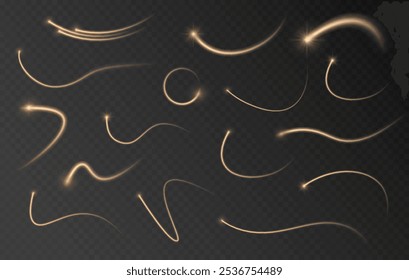 
Linha de luz amarela. Onda de rastro leve, linha de traçado de trajetória de fogo e rotação da curva de efeito. Efeito de movimento branco. Efeito especial rosa, linha de polícia de velocidade. Estrada mágica de linhas rápidas em movimento. O cometa é flyi