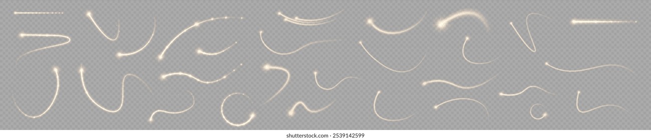 
Yellow line of light. Light trail wave, fire path trace line and effect curve rotation. White motion effect. Pink special effect, speed police line. Road magic of moving fast lines. The comet is flyi