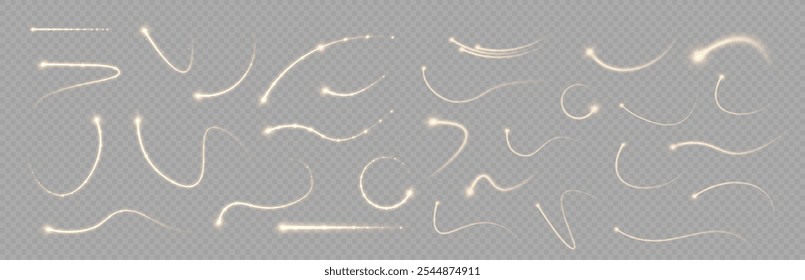 
Yellow line of light. Light trail wave, fire path trace line and effect curve rotation. White motion effect. Pink special effect, speed police line. Road magic of moving fast lines. The comet is flyi