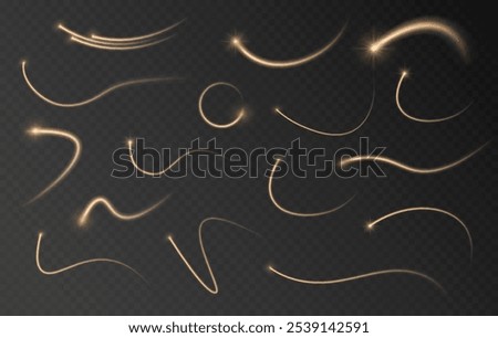 
Yellow line of light. Light trail wave, fire path trace line and effect curve rotation. White motion effect. Pink special effect, speed police line. Road magic of moving fast lines. The comet is flyi