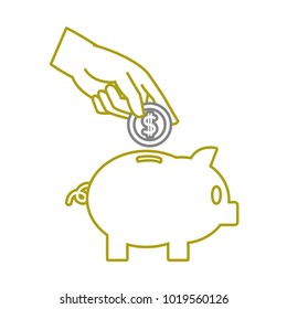 yellow line piggy to save money and hand with coin