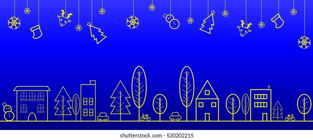 Yellow line of town in panorama view with Christmas ornament and blue background