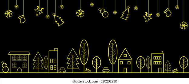 Yellow line of town in panorama view with Christmas ornament and black background