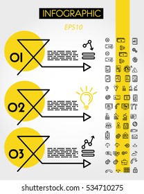 yellow linear infographic arrow with icons, outline concept