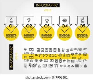 yellow linear infographic big reverse arrows, five options