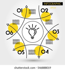 yellow linear infographic circle from arrows, six options