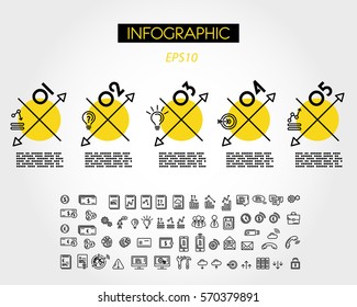 yellow linear infographic crosses with icons, five options