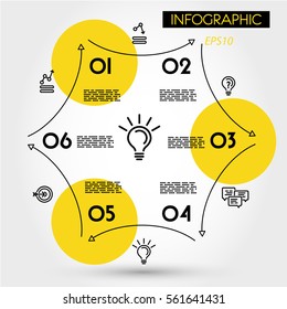 yellow linear infographic hexagon with arrows, six options
