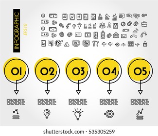 yellow linear infographic set of circles with arrows, outline concept