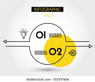 yellow linear infographic set of circles with arrows, two options