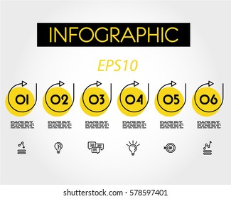 yellow linear infographic set of rings with arrows, six options