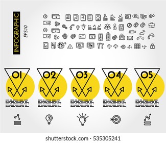 yellow linear infographic set of x triangular arrows, outline concept