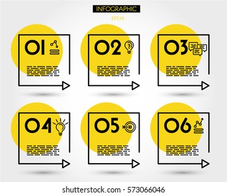 yellow linear square timeline elements, six options