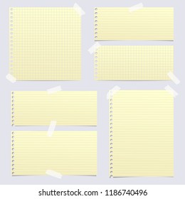 Yellow lined and squared note, notebook paper stuck on gray background. Vector illustration.