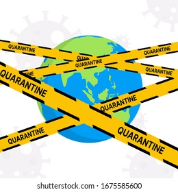 Yellow lines with different inscriptions about the dangers of the virus and coronavirus covering planet Earth. Staying at home with self-quarantine to help slow down the outbreak. COVID-19. 2019-nCoV