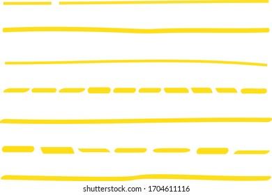 Yellow lines hand drawn vector set isolated on white background. Collection of doodle lines, hand drawn template. Yellow marker and grunge brush stroke lines, vector illustration