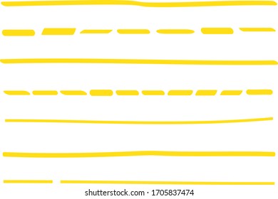 Yellow lines hand drawn vector set isolated on white background. Collection of doodle lines, hand drawn template. Yellow marker and grunge brush stroke lines, vector illustration