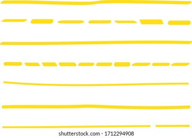 Gelbe Linien, handgezeichnet, Vektorillustration einzeln auf weißem Hintergrund. Sammlung von doodle Linien, handgezeichnet Vorlage. Gelbe Marker- und Grunge-Pinselstriche, Vektorillustration
