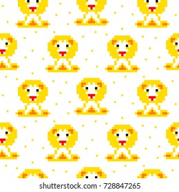 Yellow lion cartoon pixel art seamless vector pattern. Funny kid animal repeat background for textile and wallpaper design.