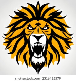 yellow lion logo, big lion dashing mouth open sharp fangs, big ears, long thick hair lion dignified, brave.