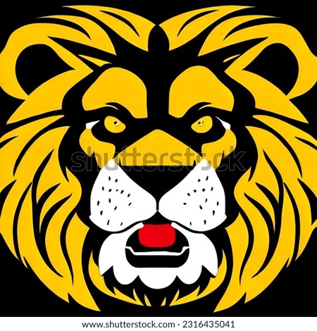 yellow lion logo, big lion dashing mouth open, big ears, long thick hair lion dignified, brave.